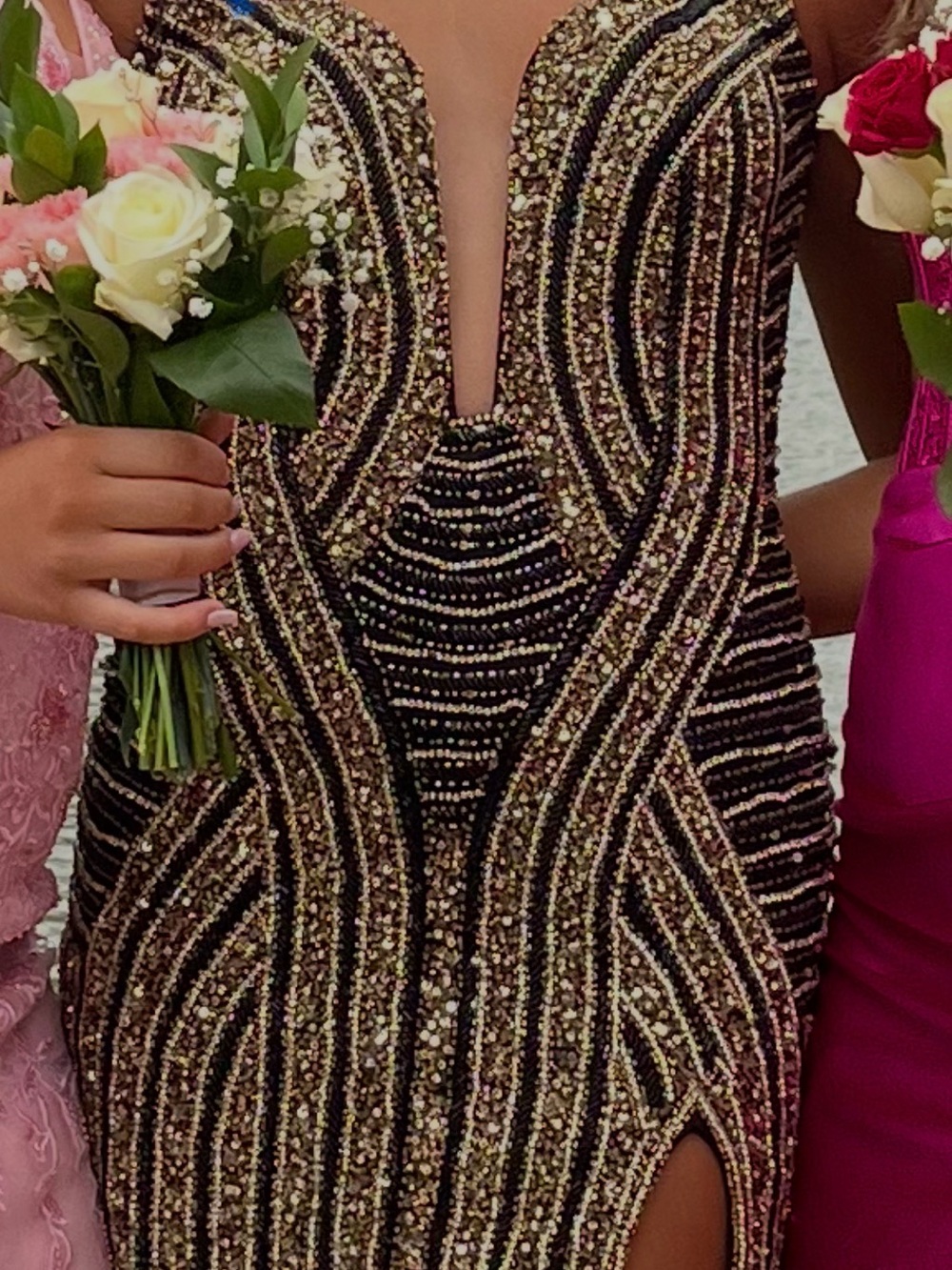 Portia and Scarlett Black and Gold Beaded Strapless Evening Gown